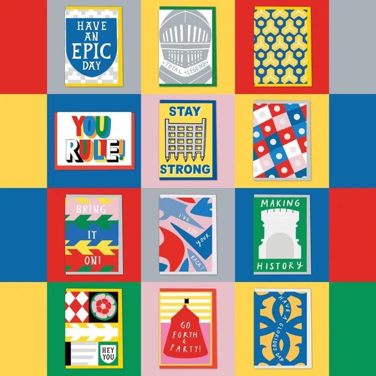 Alison Hardcastle greetings cards on colourful tiled background