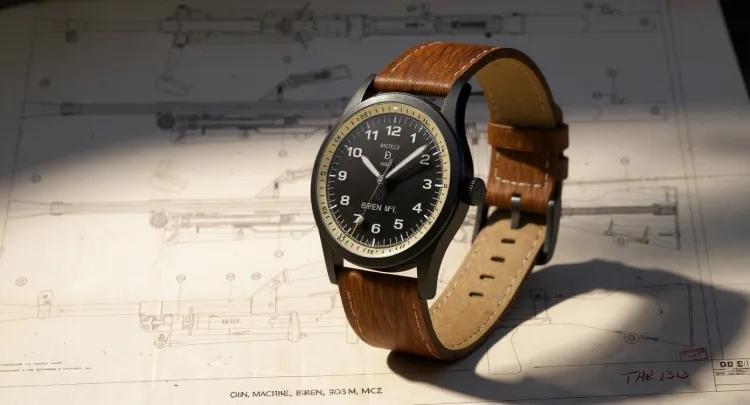 Elliot Brown and Royal Armouries Bren gun watch on top of design drawing