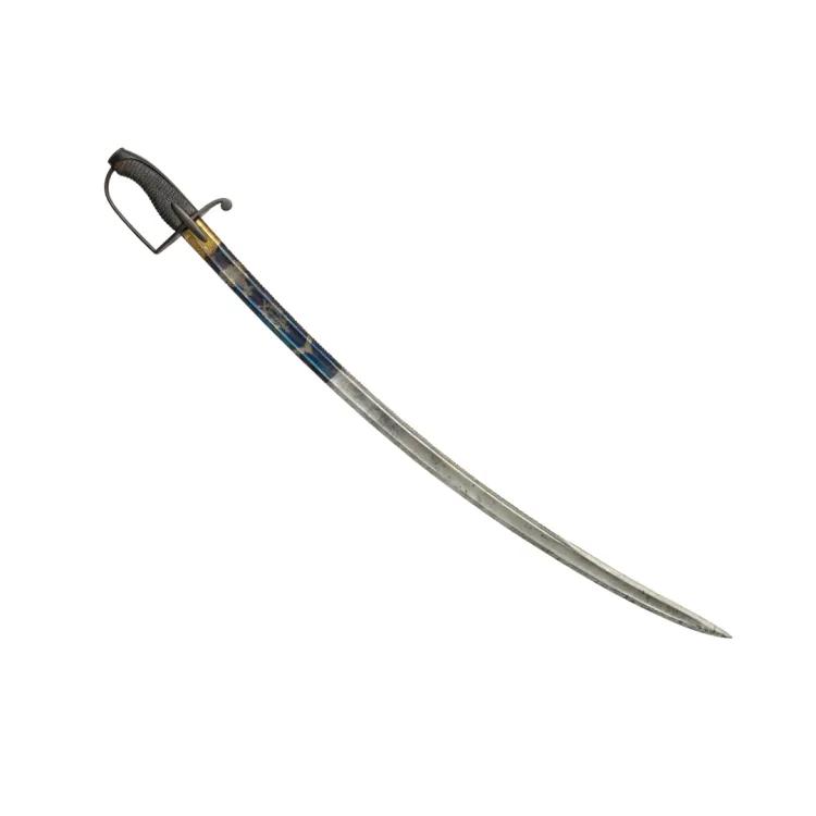 A slightly curved sword in blued steel and brassed crossguard
