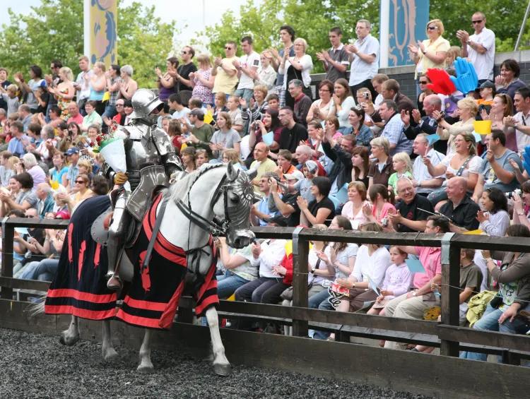 A crowd applauds a horsemen riding past in full armour