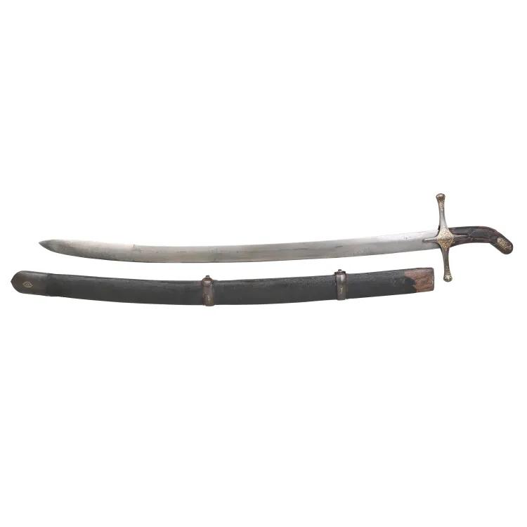 A curved metal sword with attached wooden scabbard