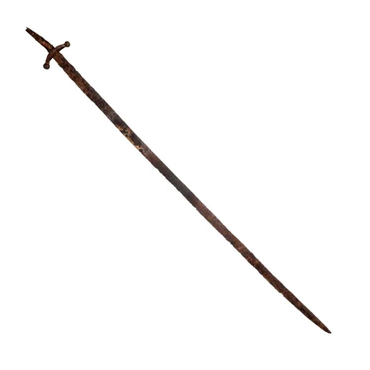 A red rusted curved sword with a small crossguard