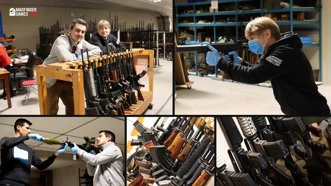 Collage of staff members from games developer 'Madfinger' handling firearms.