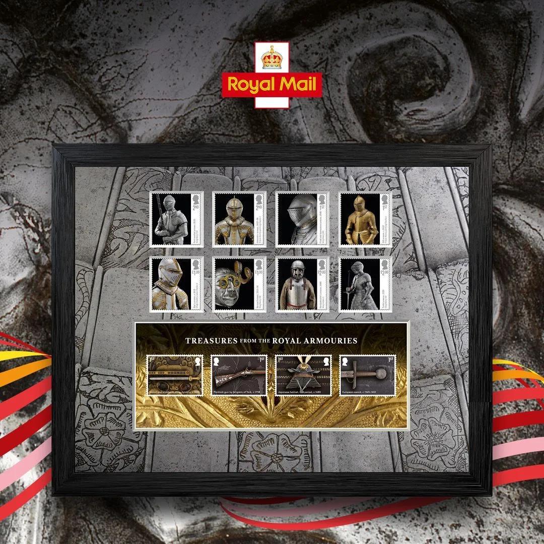 Royal Mail and Royal Armouries Stamp Promotional image showing framed print with 12 stamps featuring arms and armour.