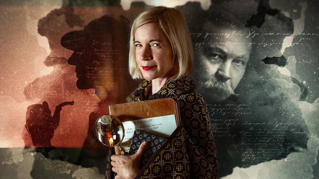 Killing Sherlock documentary header showing Lucy Worsley holding book and magnifying glass alongside a photo of Arthur Conan Doyle